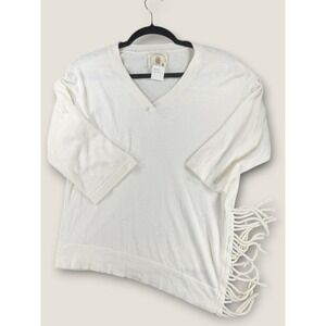 Muche Muchette Cream Cotton Cashmere Knit Fringe Asymmetrical V-Neck Sweater OS‎